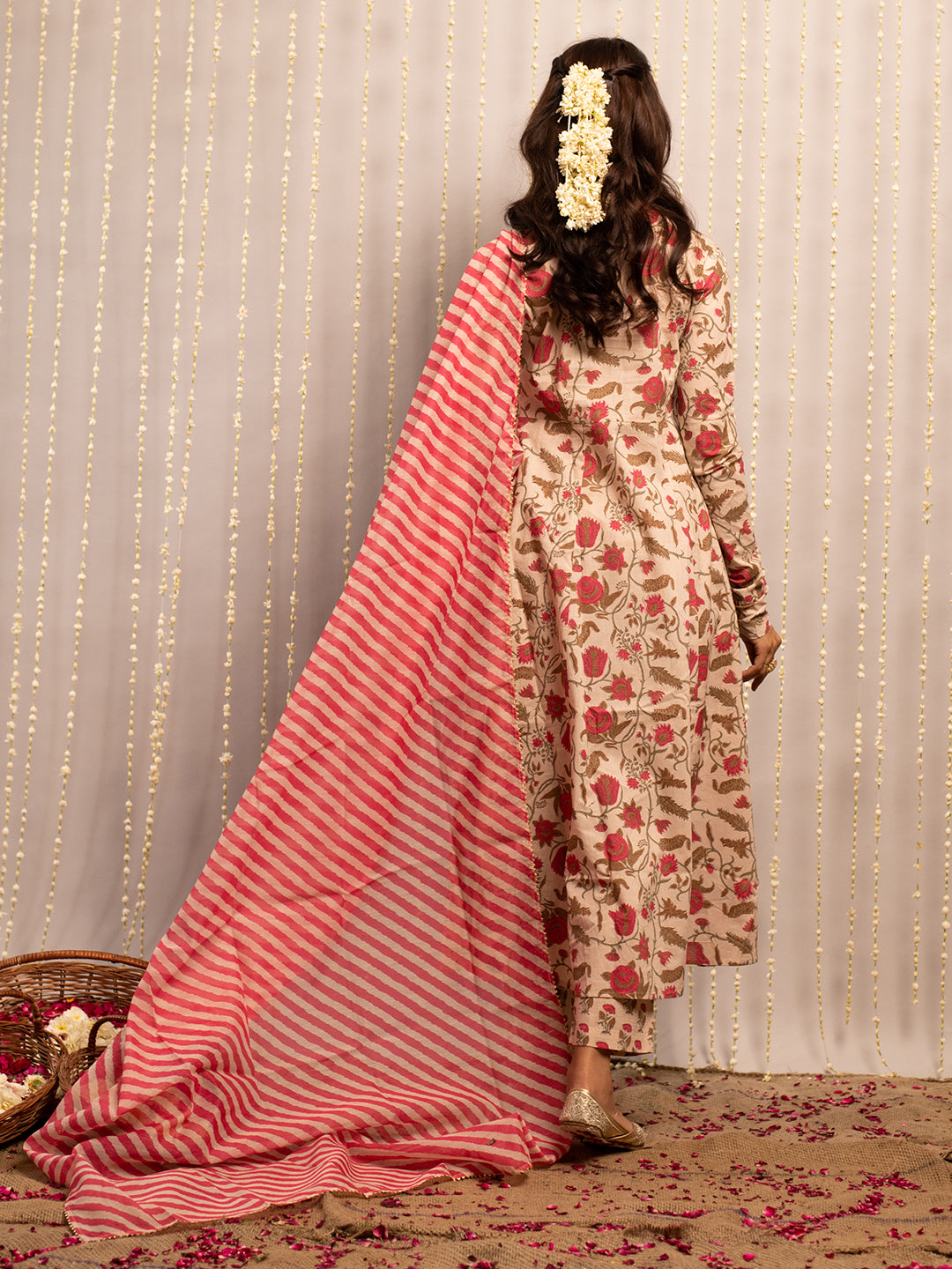 FIORRA Women's Beige Pure Cotton Flared Kurta with Pant and Dupatta