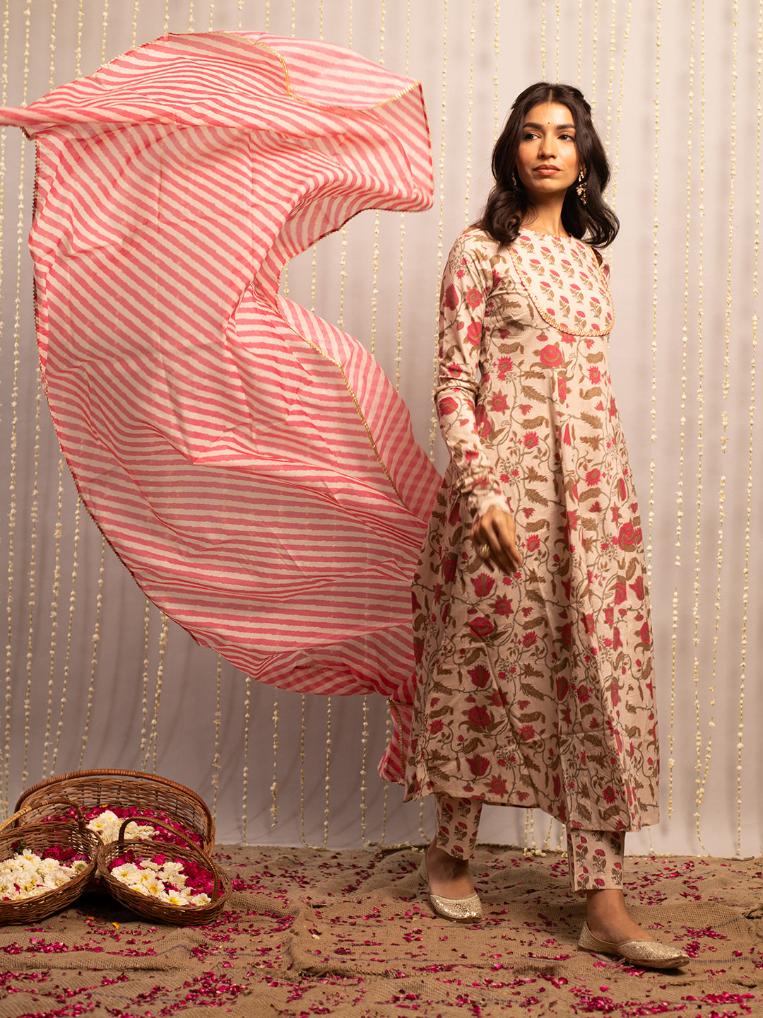 FIORRA Women's Beige Pure Cotton Flared Kurta with Pant and Dupatta