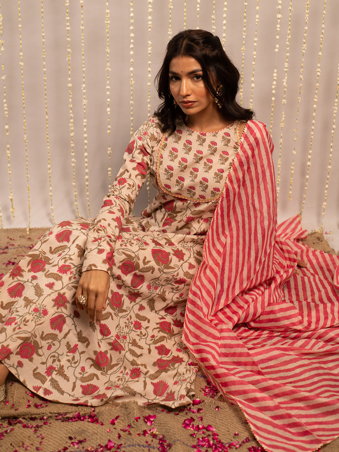 FIORRA Women's Beige Pure Cotton Flared Kurta with Pant and Dupatta