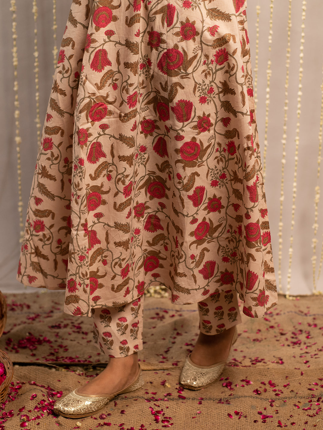 FIORRA Women's Beige Pure Cotton Flared Kurta with Pant and Dupatta