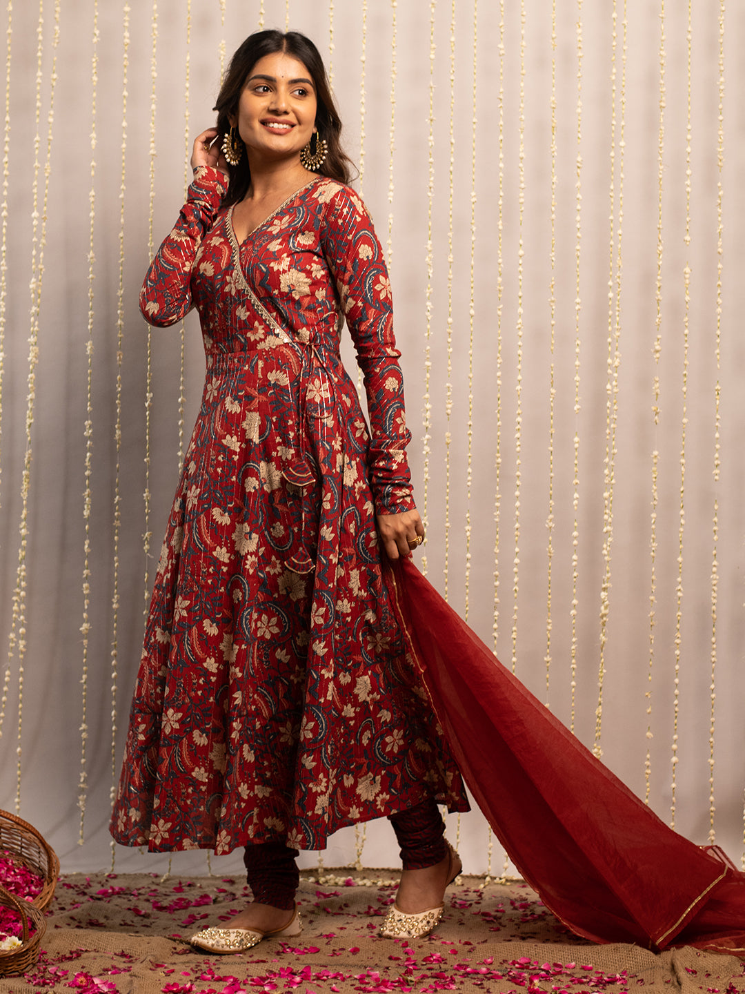 FIORRA Women's Red Rust Pure Cotton Flared Kurta with Pant and Dupatta