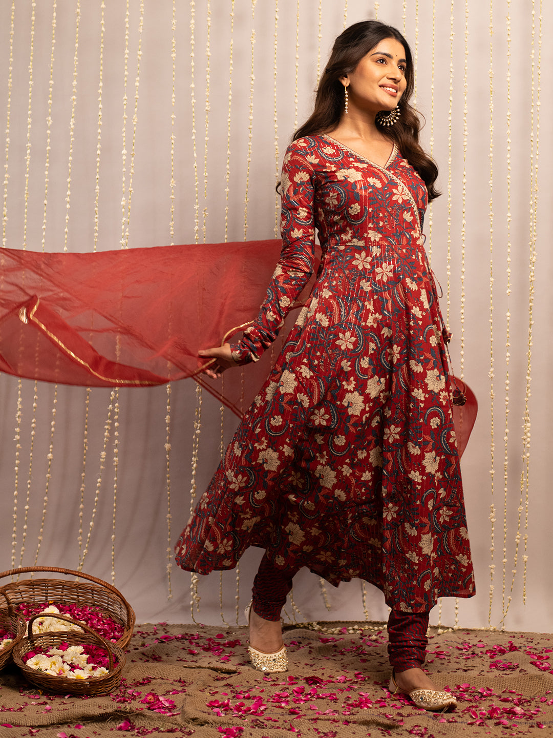 FIORRA Women's Red Rust Pure Cotton Flared Kurta with Pant and Dupatta