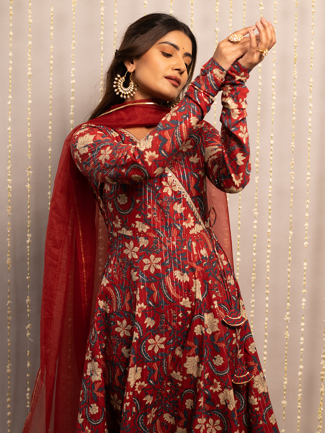 FIORRA Women's Red Rust Pure Cotton Flared Kurta with Pant and Dupatta