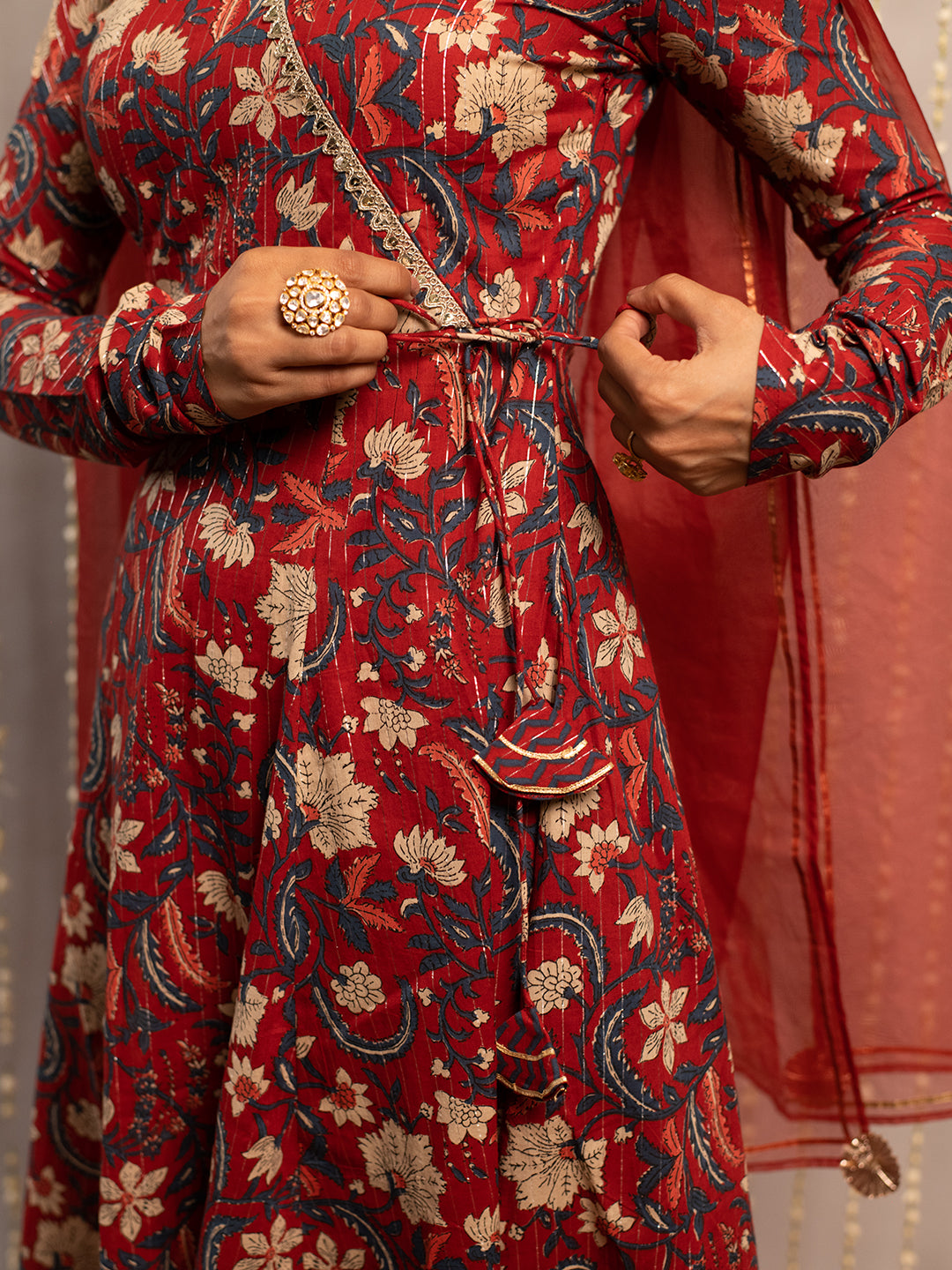 FIORRA Women's Red Rust Pure Cotton Flared Kurta with Pant and Dupatta