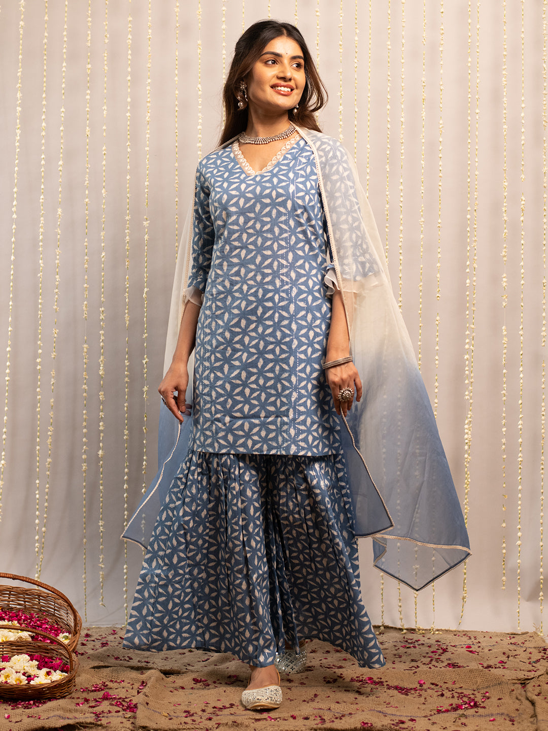 FIORRA Women's Teapot Blue Pure Cotton A-Line Kurta & Sharara & Dupatta