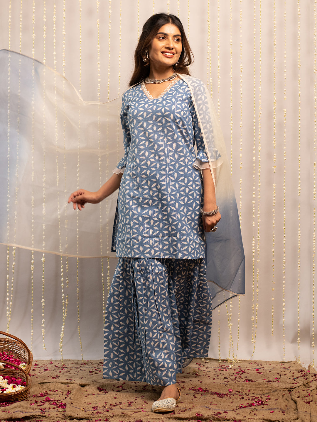 FIORRA Women's Teapot Blue Pure Cotton A-Line Kurta & Sharara & Dupatta