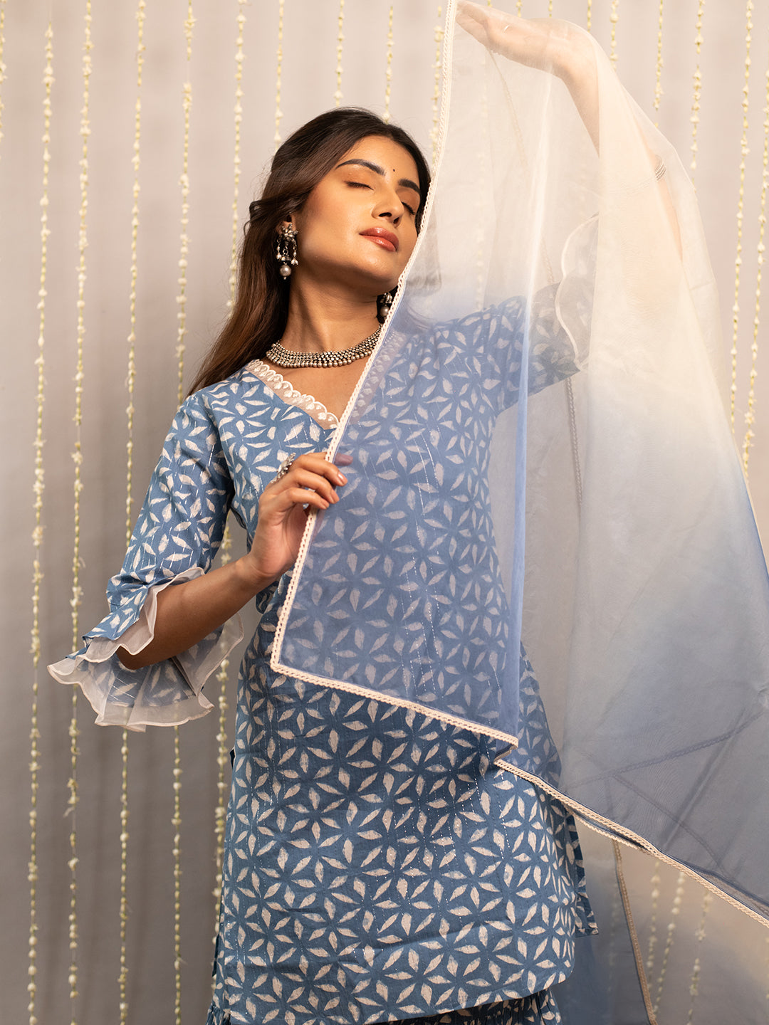 FIORRA Women's Teapot Blue Pure Cotton A-Line Kurta & Sharara & Dupatta