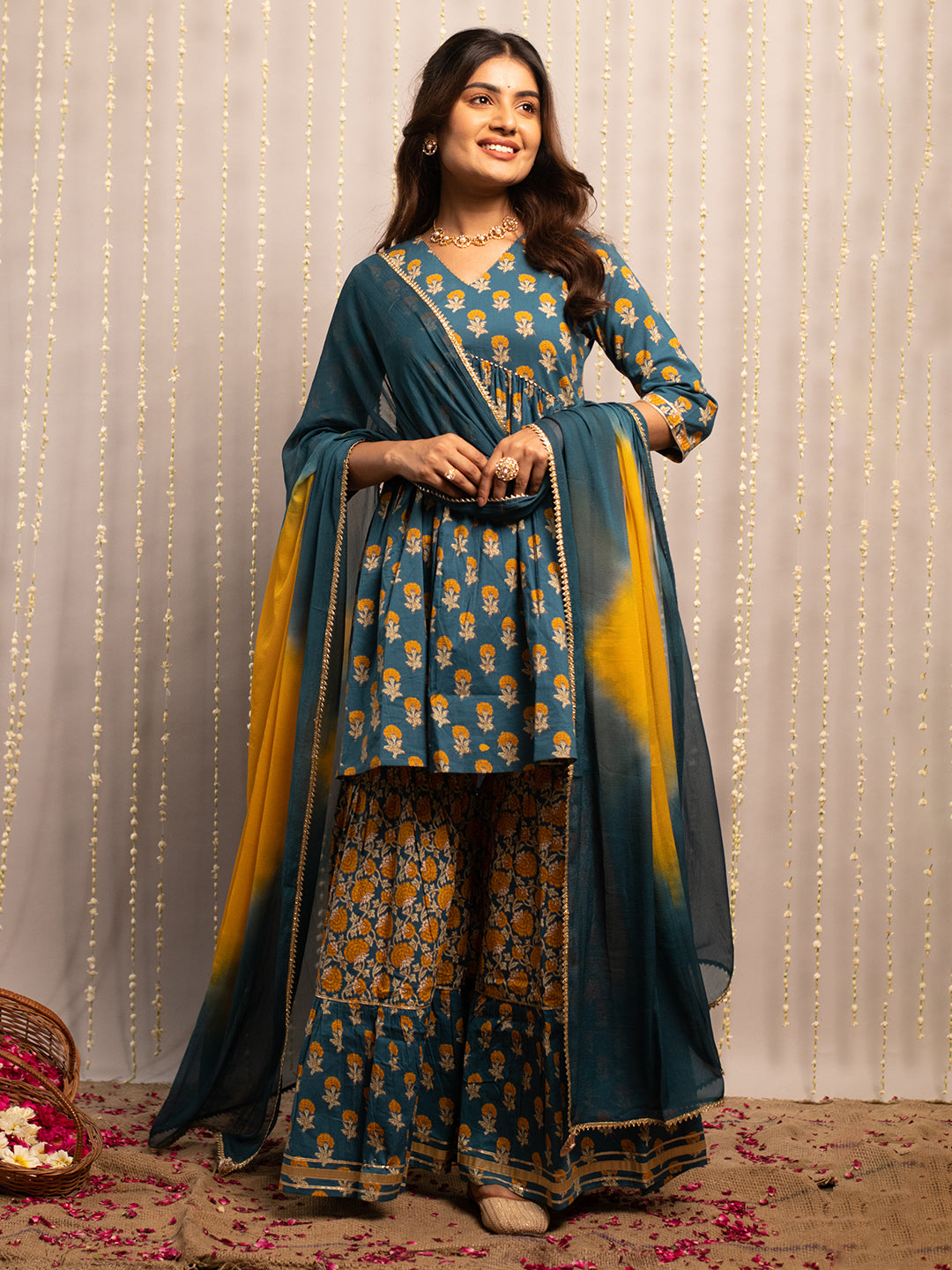 FIORRA Women's Mor Peach Pure Cotton Flared Kurta with Sharara and Dupatta