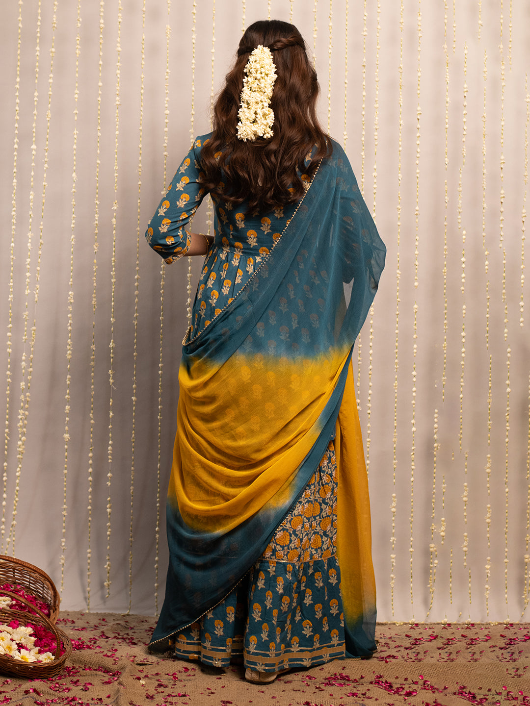 FIORRA Women's Mor Peach Pure Cotton Flared Kurta with Sharara and Dupatta