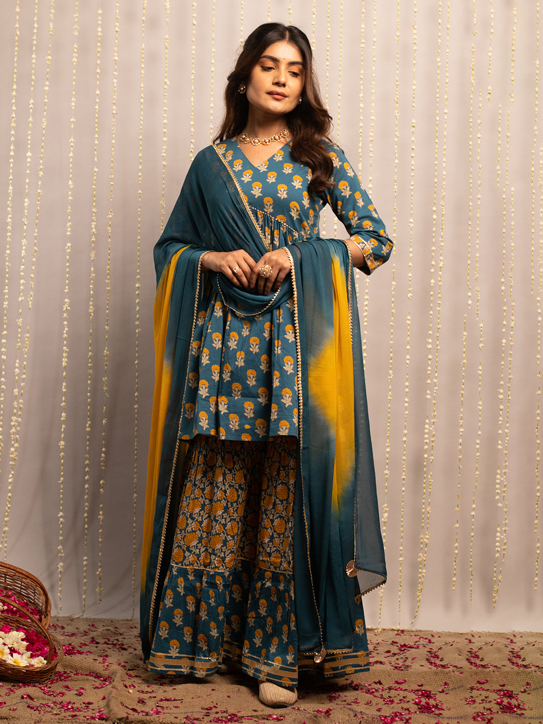 FIORRA Women's Mor Peach Pure Cotton Flared Kurta with Sharara and Dupatta