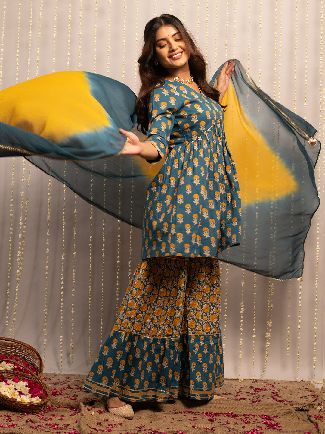 FIORRA Women's Mor Peach Pure Cotton Flared Kurta with Sharara and Dupatta