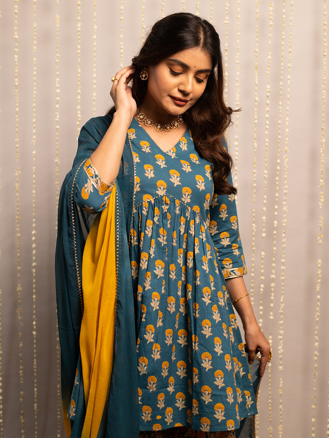 FIORRA Women's Mor Peach Pure Cotton Flared Kurta with Sharara and Dupatta