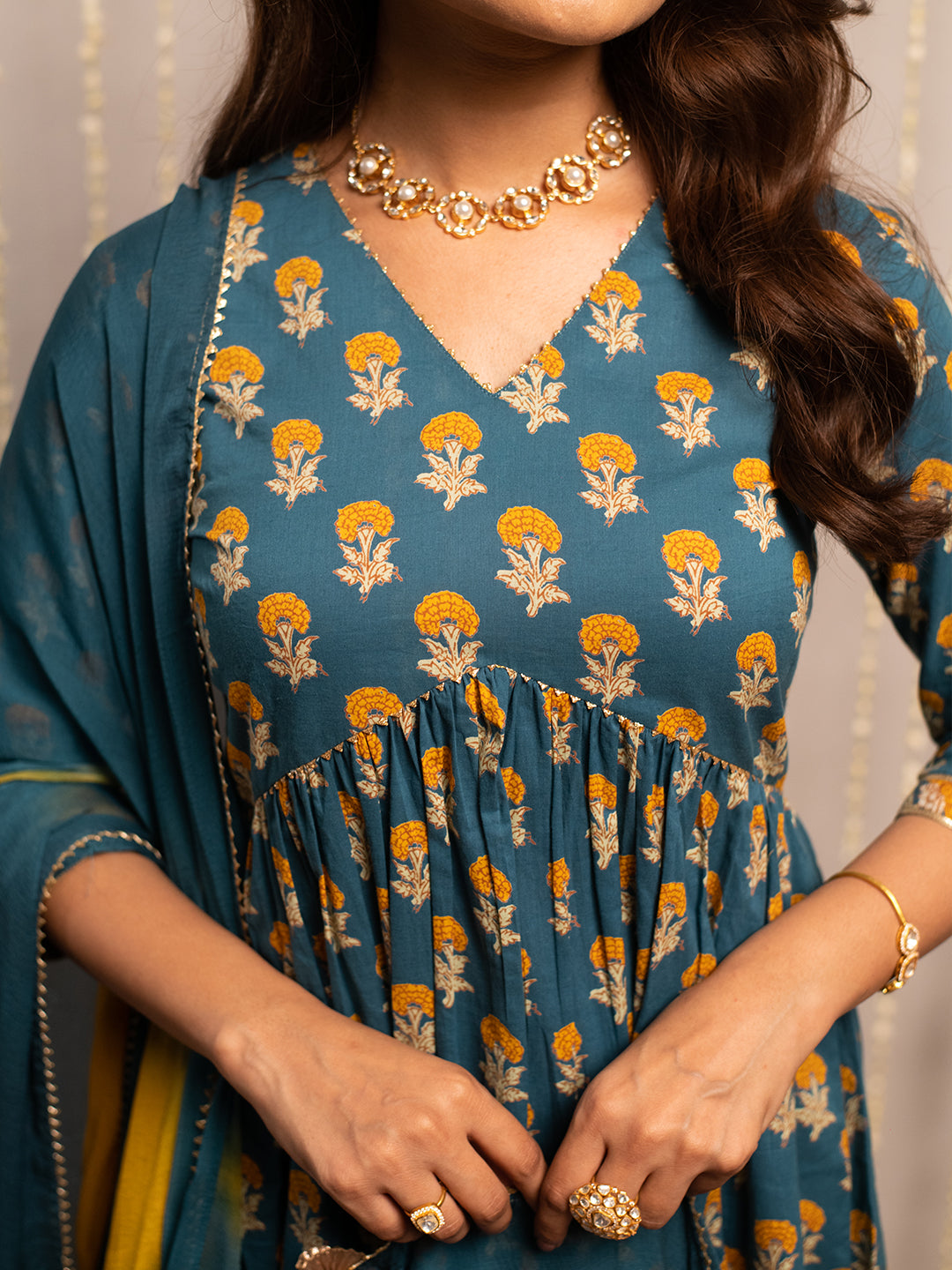 FIORRA Women's Mor Peach Pure Cotton Flared Kurta with Sharara and Dupatta