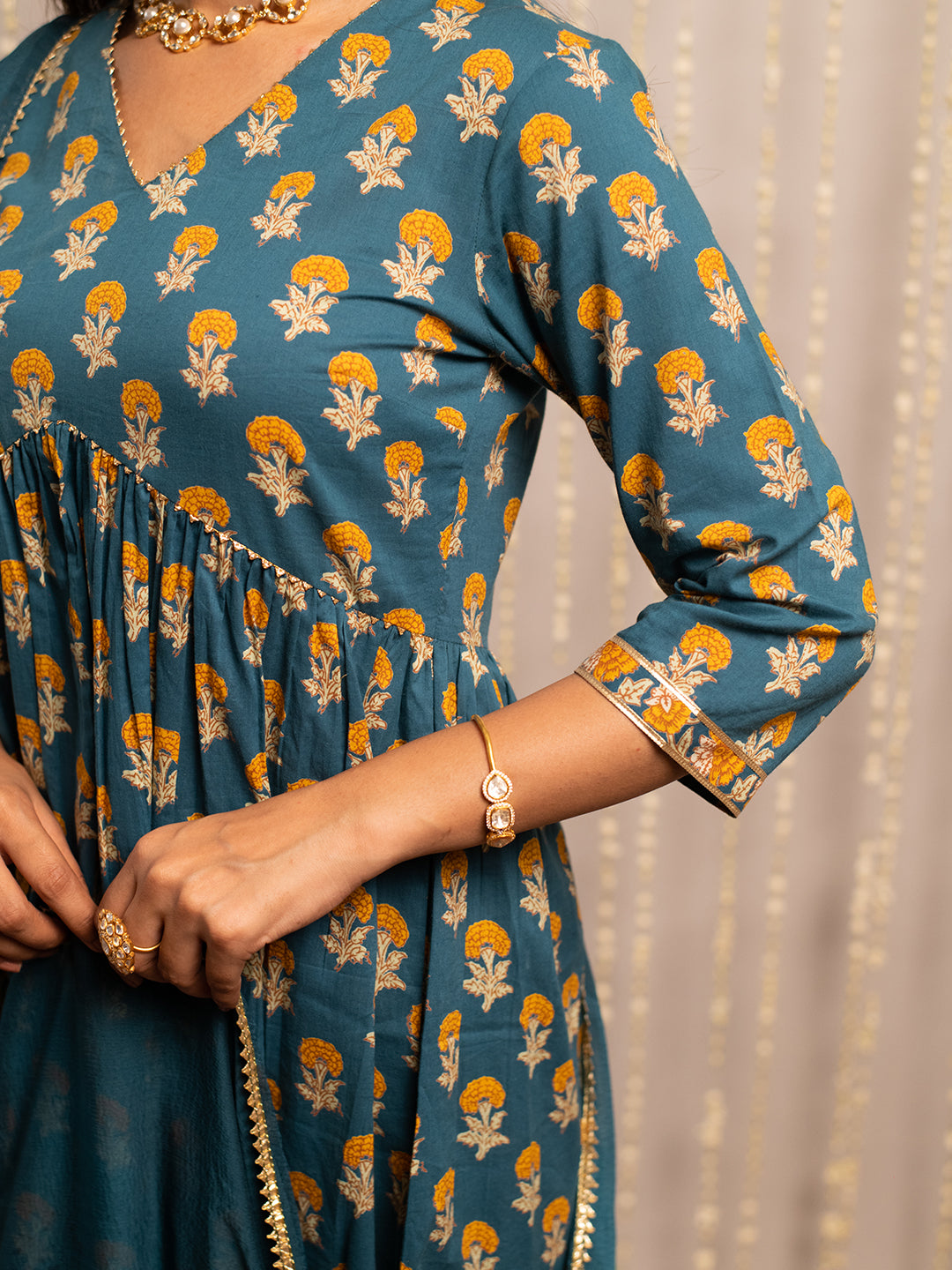 FIORRA Women's Mor Peach Pure Cotton Flared Kurta with Sharara and Dupatta