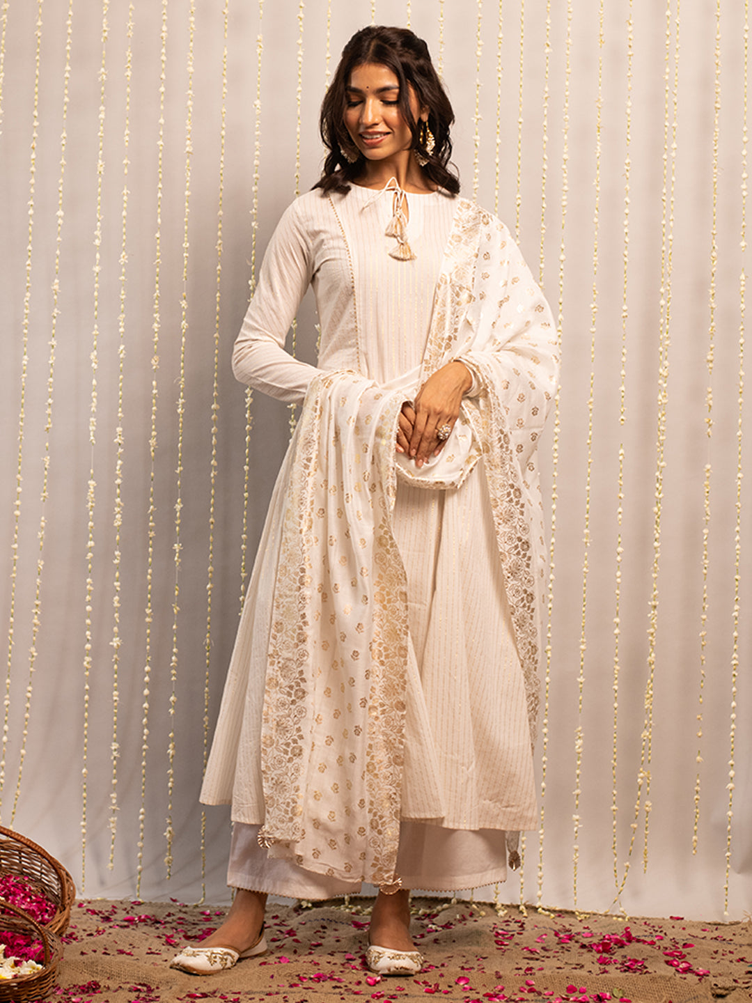 FIORRA Women's Off White Pure Cotton Flared Kurta with Palazzo and Dupatta