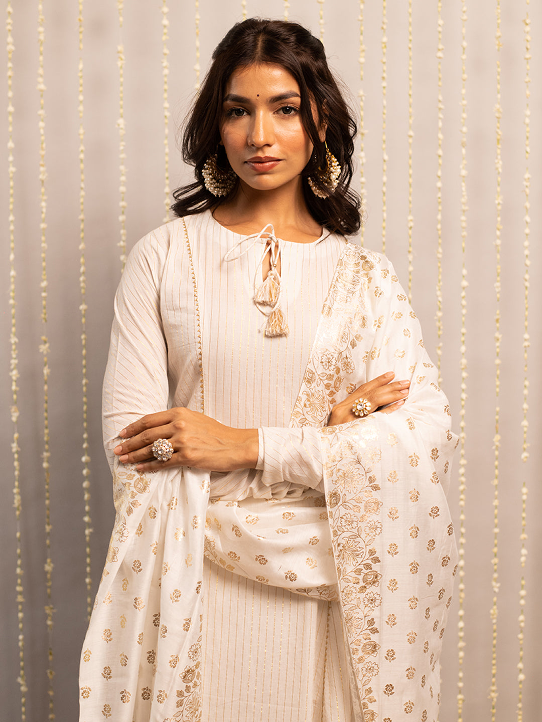 FIORRA Women's Off White Pure Cotton Flared Kurta with Palazzo and Dupatta