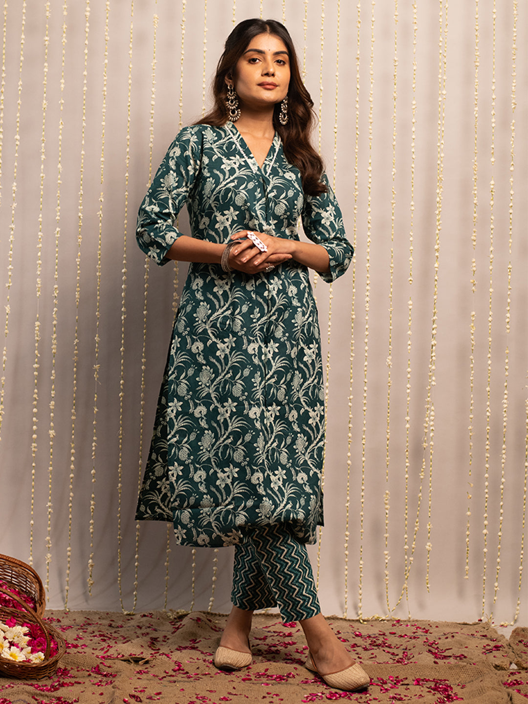 FIORRA Women's Teal Blue Cotton A-Line Kurta with Pant