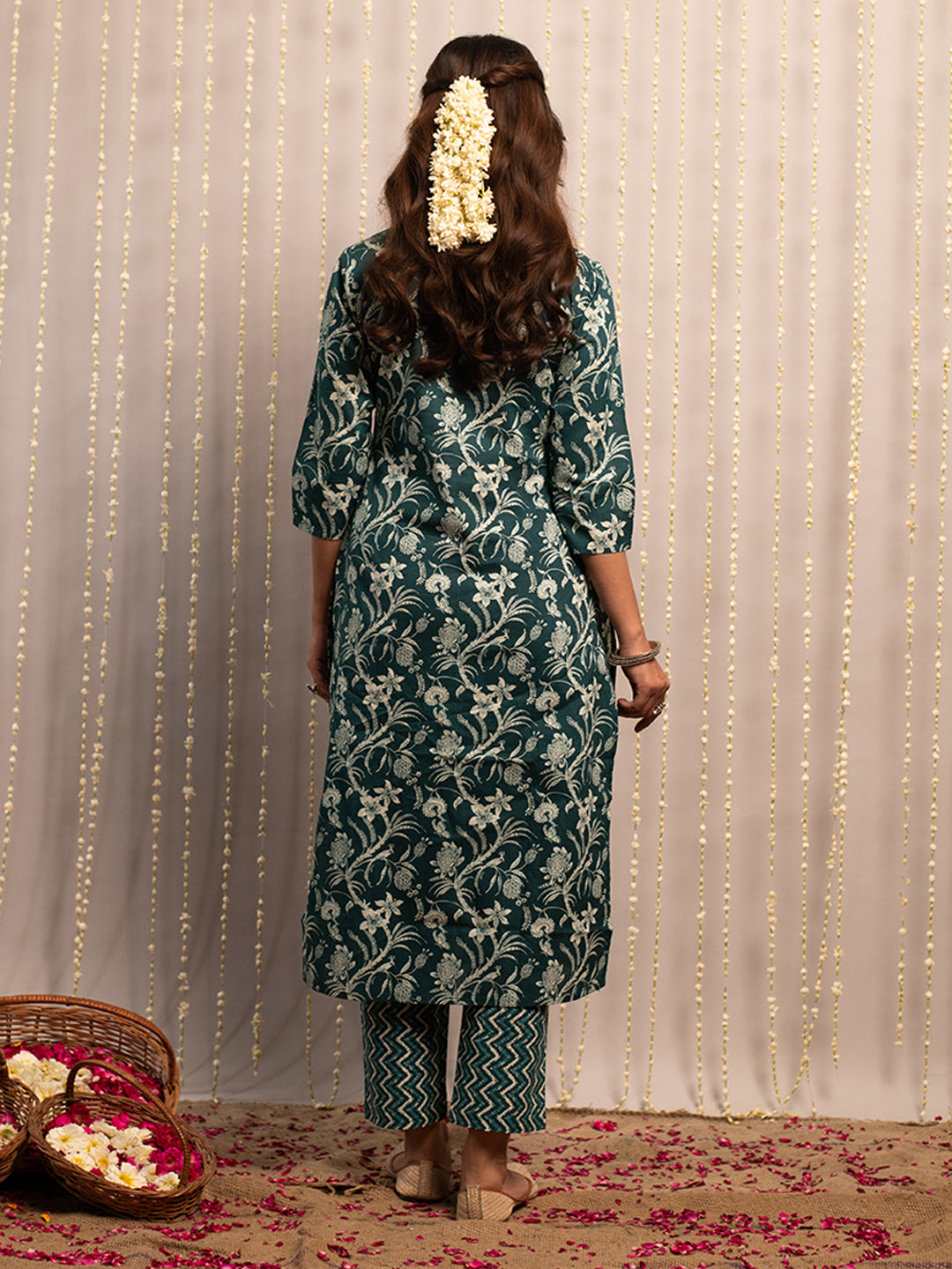 FIORRA Women's Teal Blue Cotton A-Line Kurta with Pant