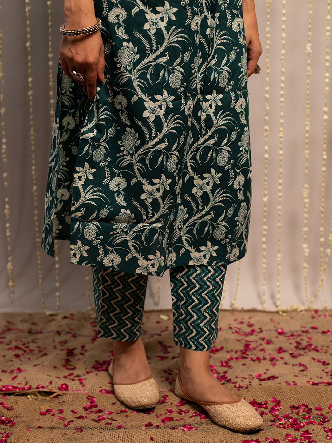 FIORRA Women's Teal Blue Cotton A-Line Kurta with Pant