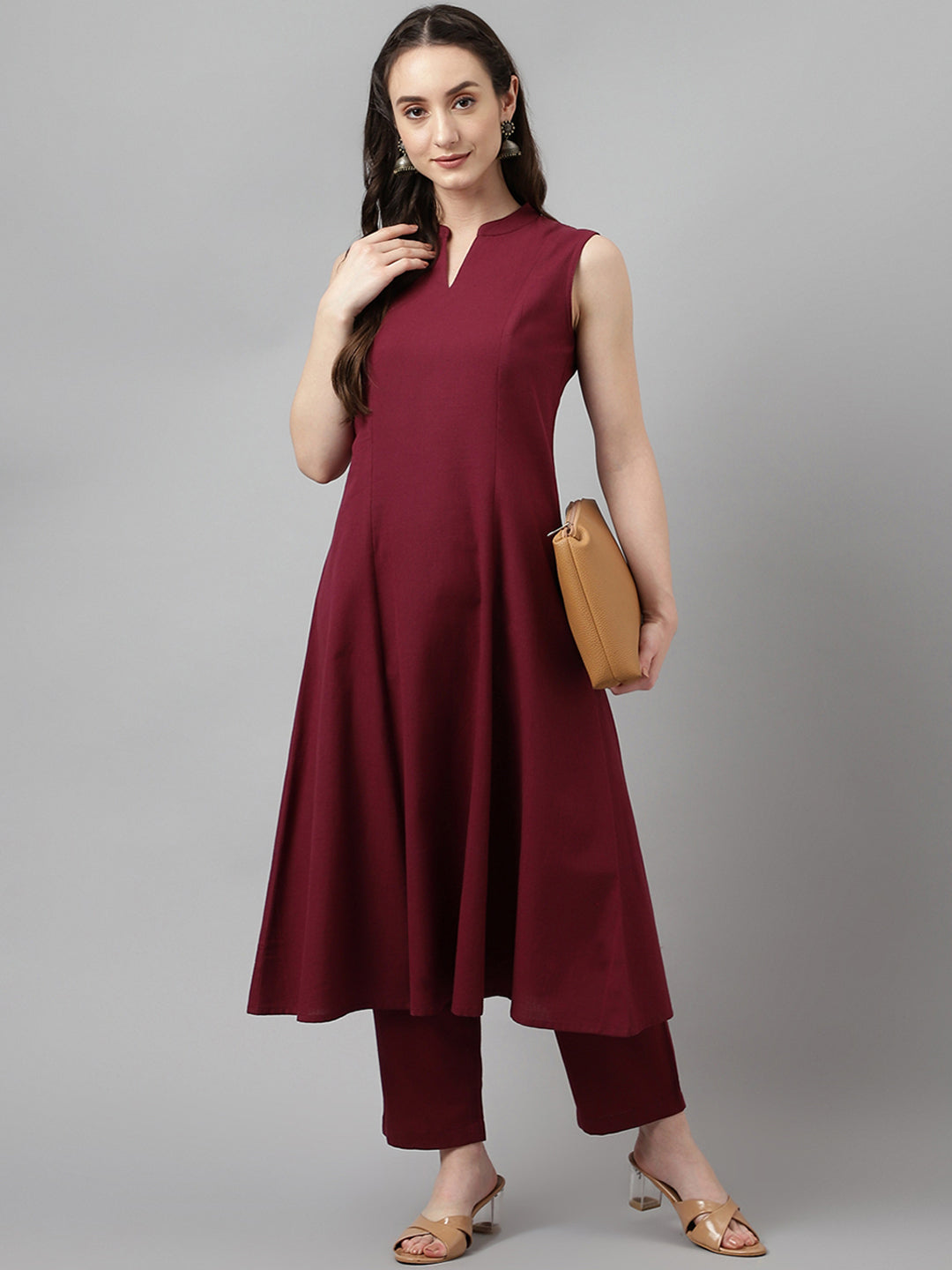 FIORRA Women's Maroon Rayon A-line Kurta with Pant