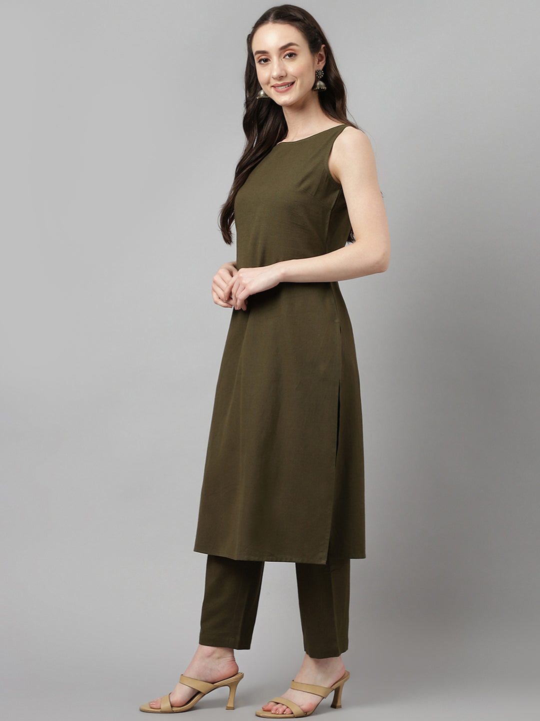 FIORRA Women's Olive Green Rayon Straight Kurta with Pant