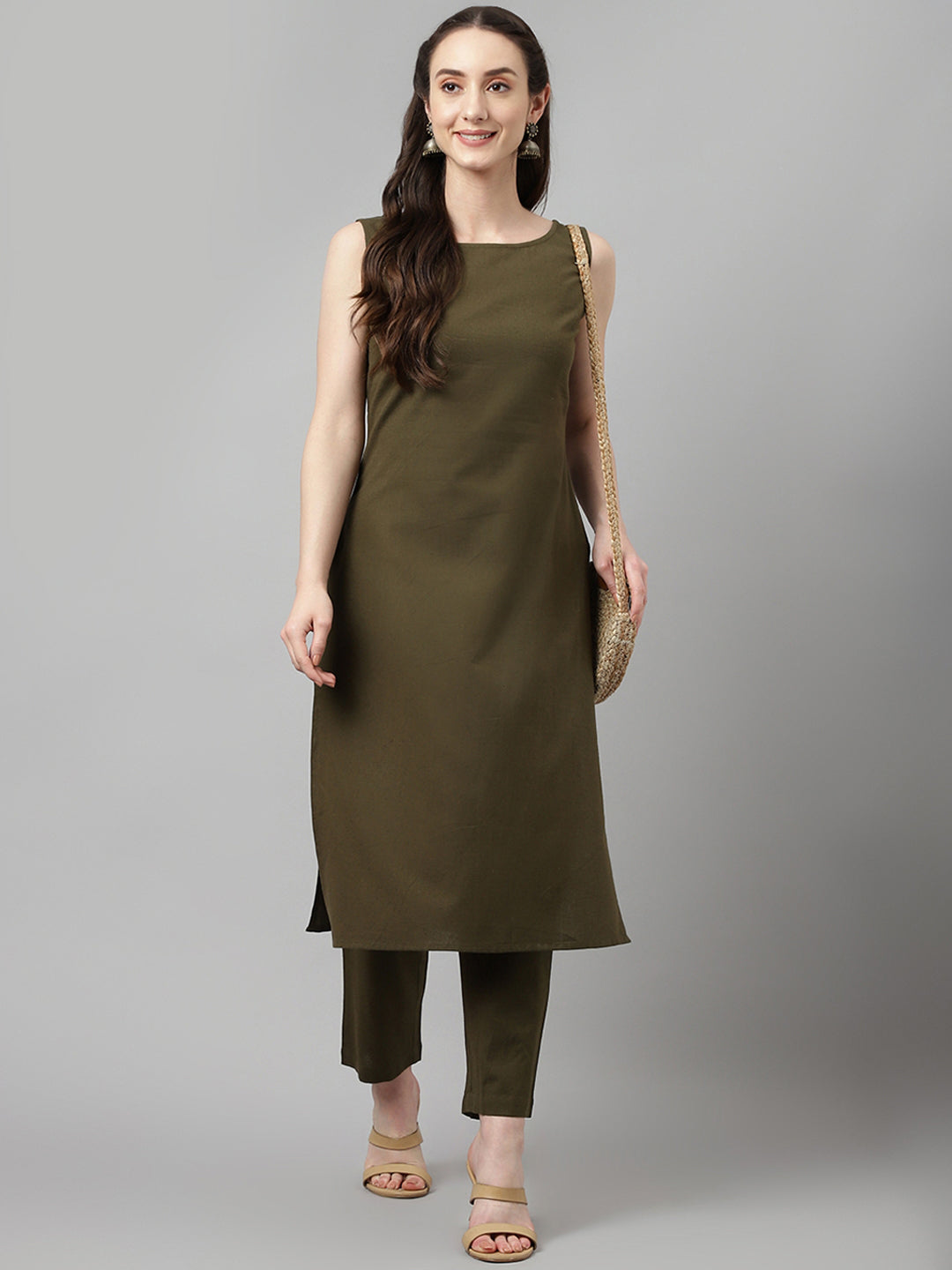 FIORRA Women's Olive Green Rayon Straight Kurta with Pant