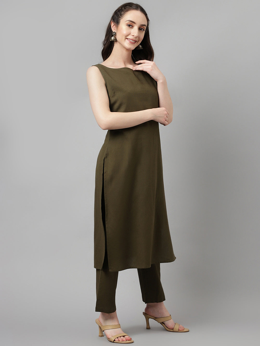 FIORRA Women's Olive Green Rayon Straight Kurta with Pant