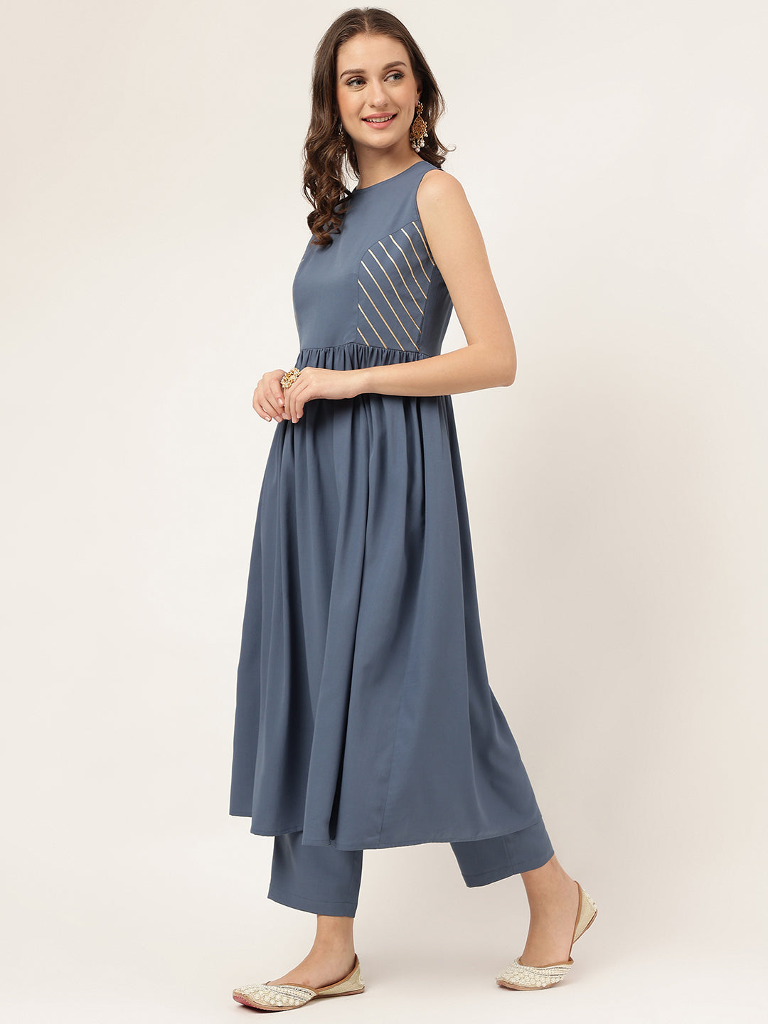 FIORRA Women's Blue Yonder Poly Crepe A-line Kurta with Pant and Dupatta