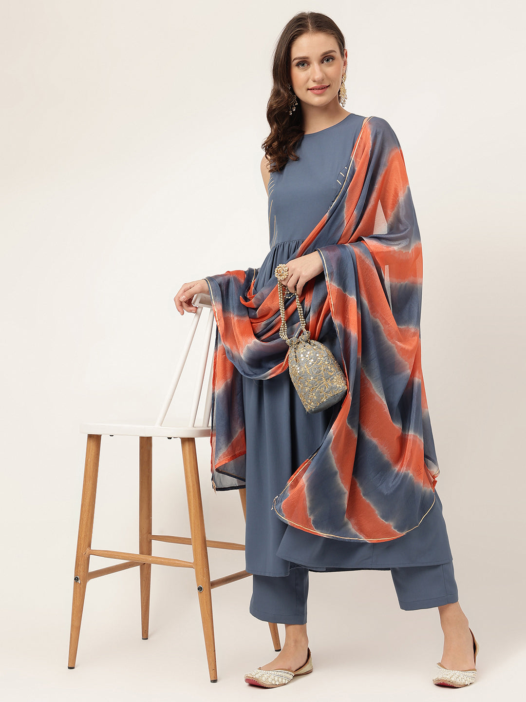 FIORRA Women's Blue Yonder Poly Crepe A-line Kurta with Pant and Dupatta