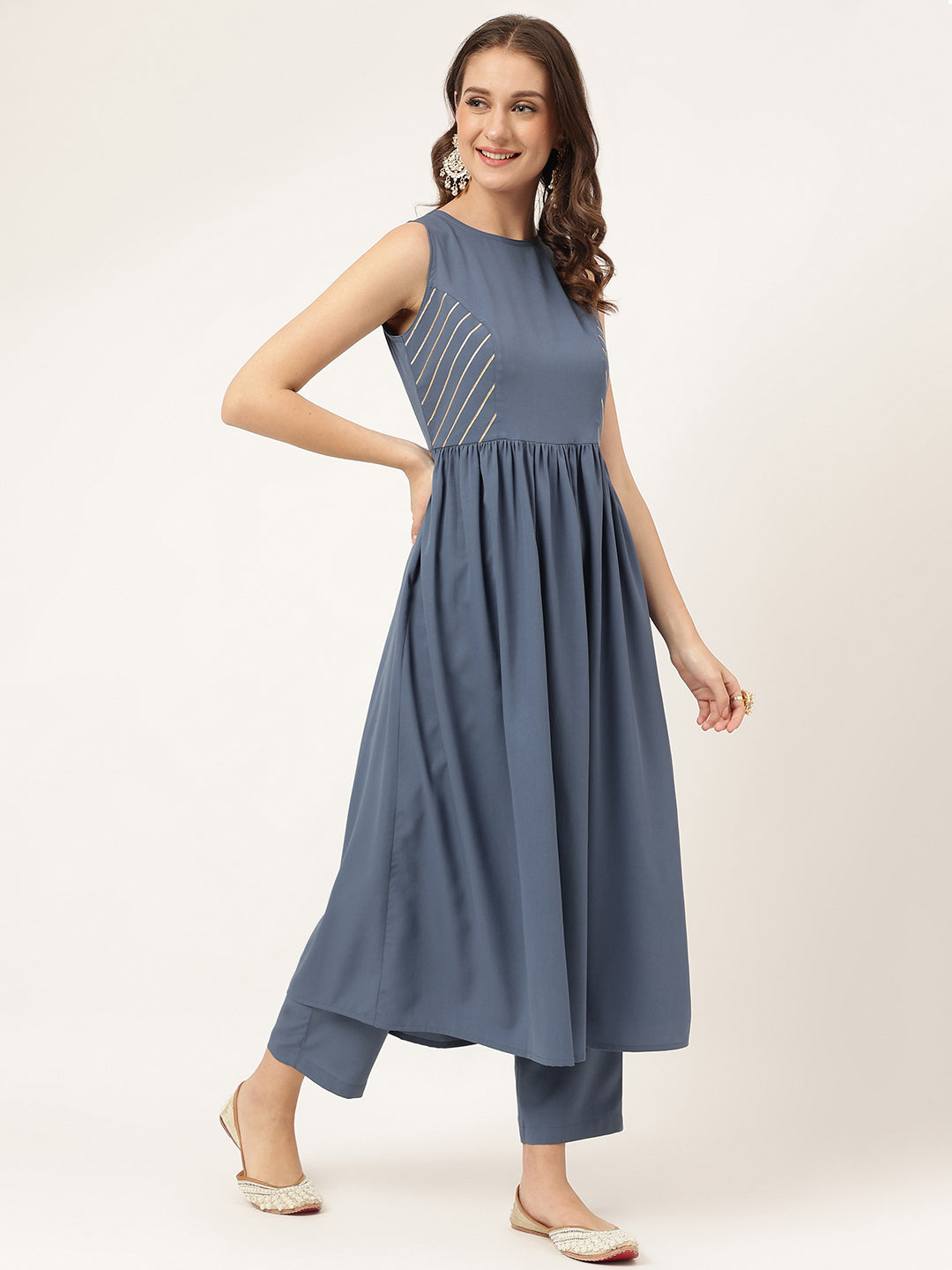 FIORRA Women's Blue Yonder Poly Crepe A-line Kurta with Pant and Dupatta