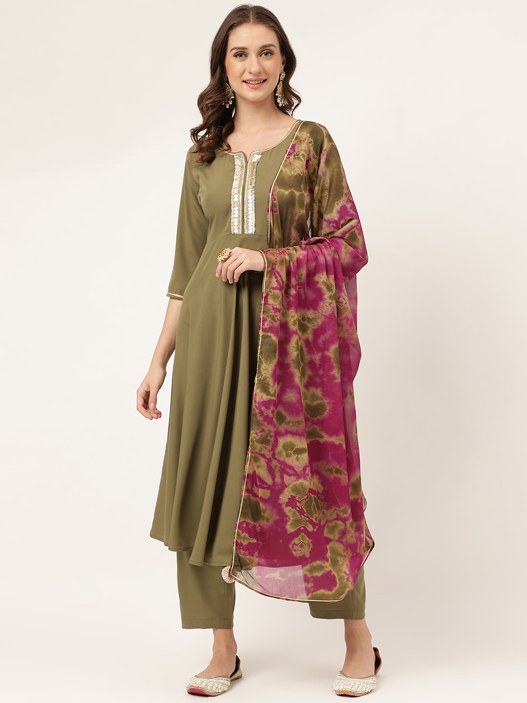 FIORRA Women's Olive Green Poly Crepe A-line Kurta with Pant and Dupatta