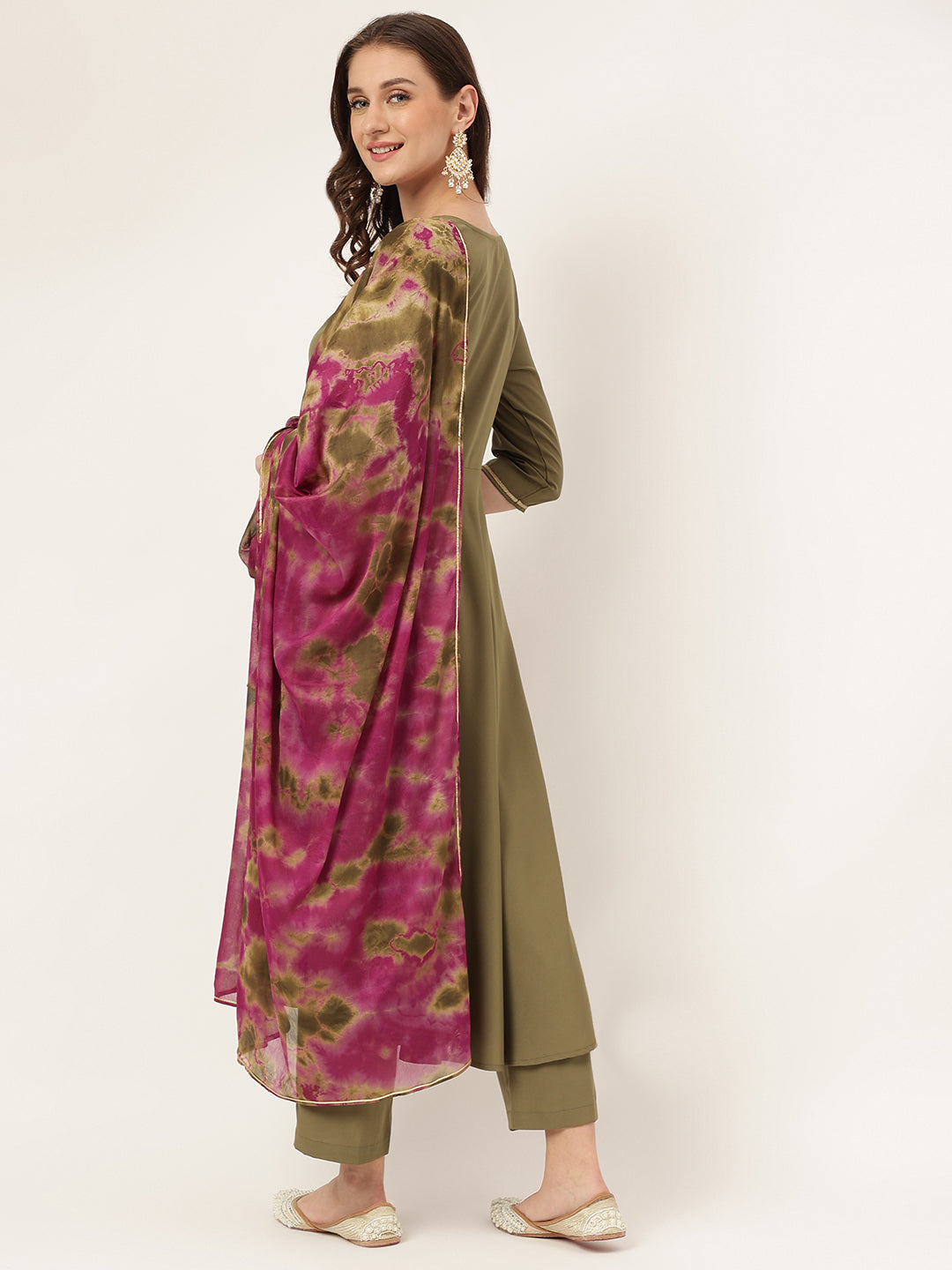 FIORRA Women's Olive Green Poly Crepe A-line Kurta with Pant and Dupatta
