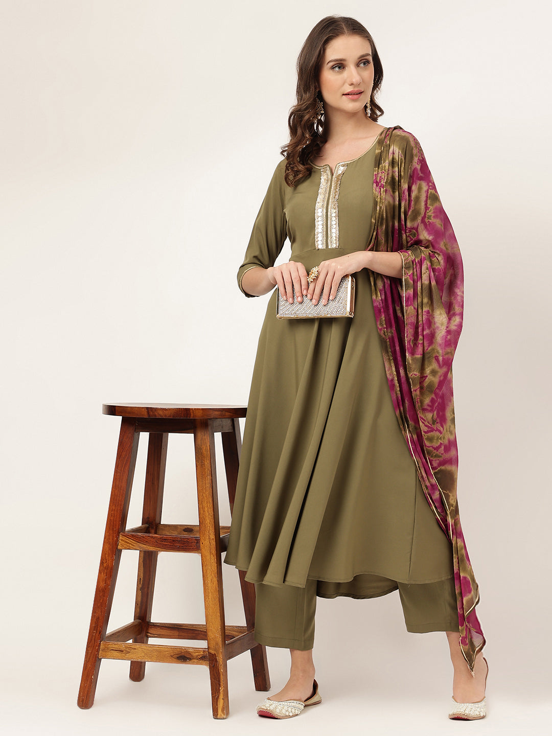 FIORRA Women's Olive Green Poly Crepe A-line Kurta with Pant and Dupatta
