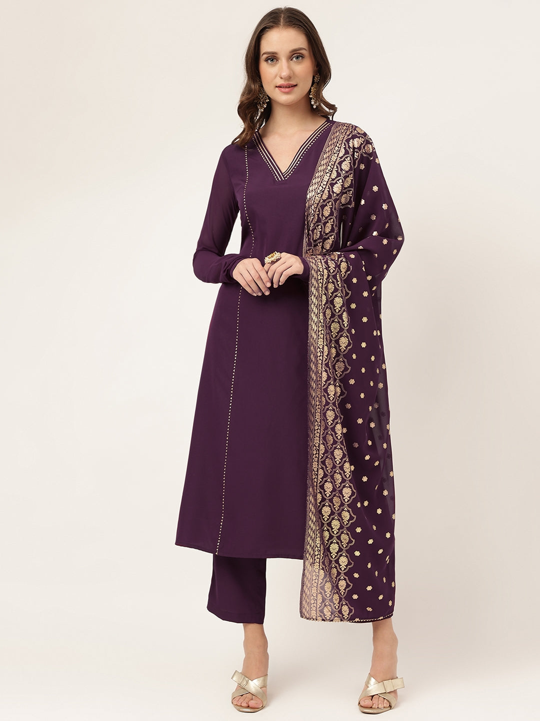 FIORRA Women's Purple Poly Crepe Flared Kurta with Dupatta and Pant