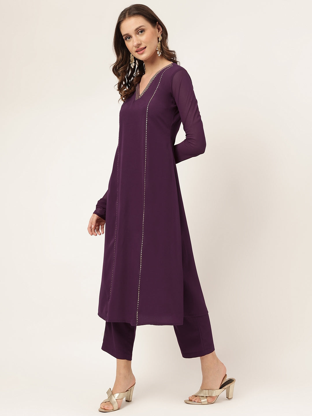 FIORRA Women's Purple Poly Crepe Flared Kurta with Dupatta and Pant