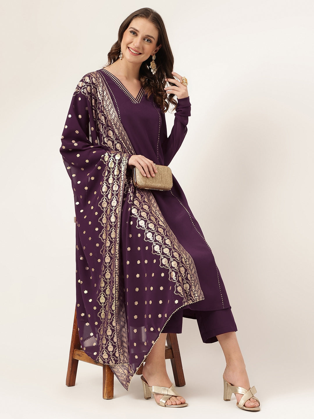FIORRA Women's Purple Poly Crepe Flared Kurta with Dupatta and Pant