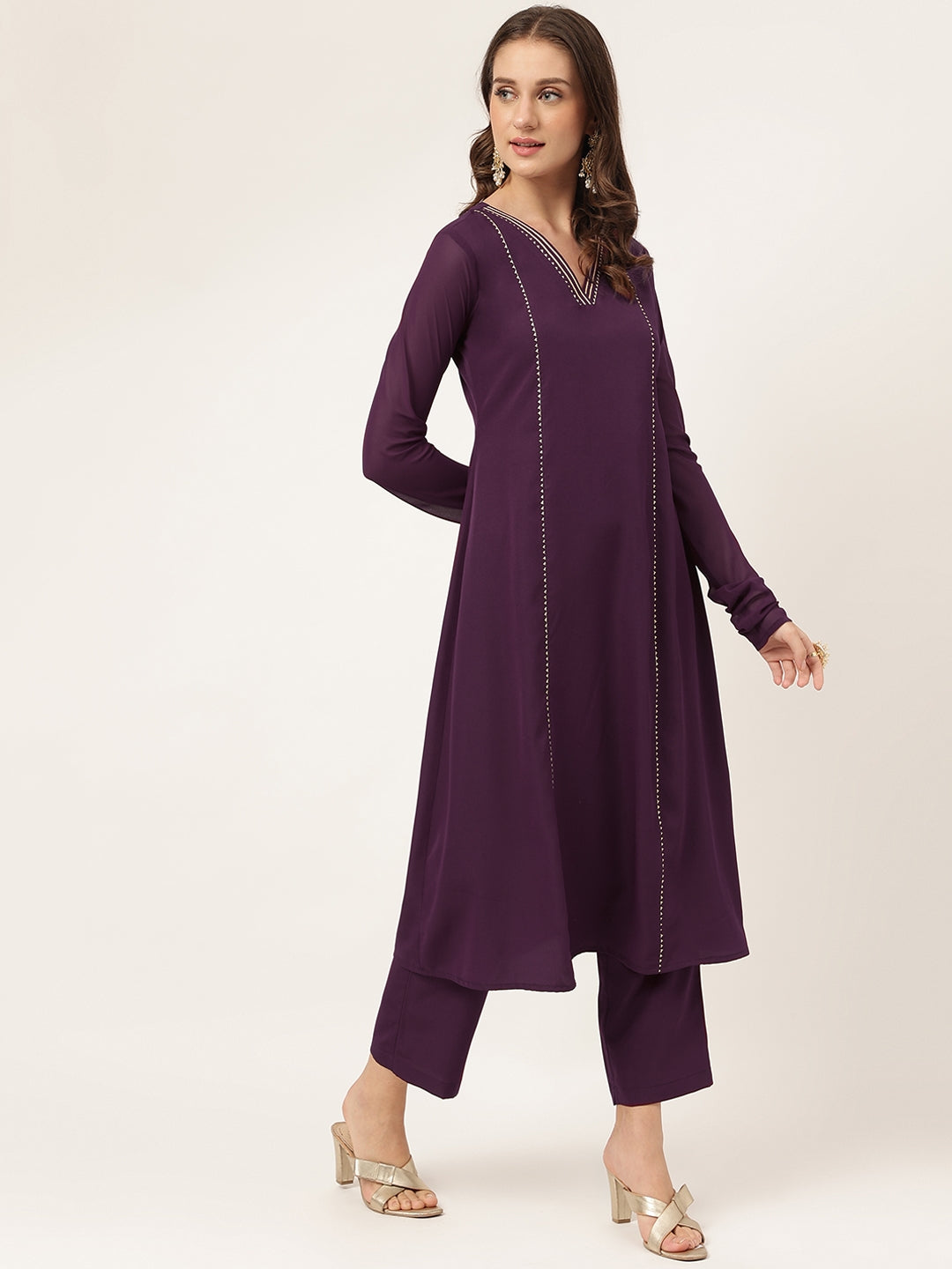 FIORRA Women's Purple Poly Crepe Flared Kurta with Dupatta and Pant
