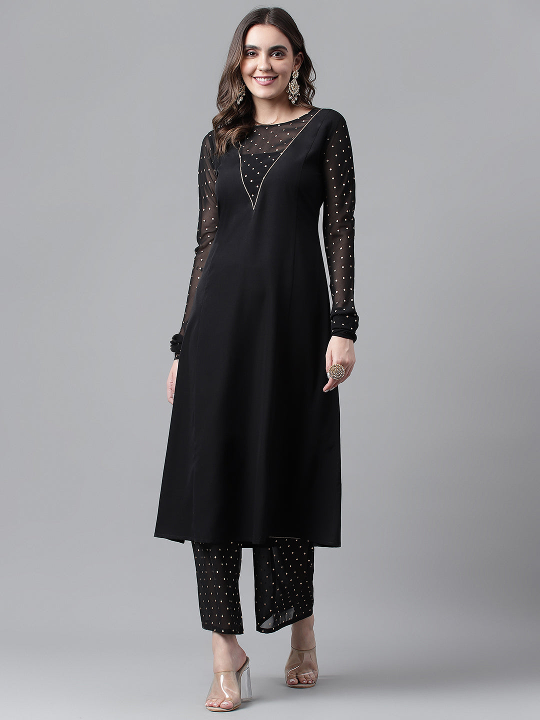 FIORRA Women's Black Poly Crepe A-line Kurta with Palazzo