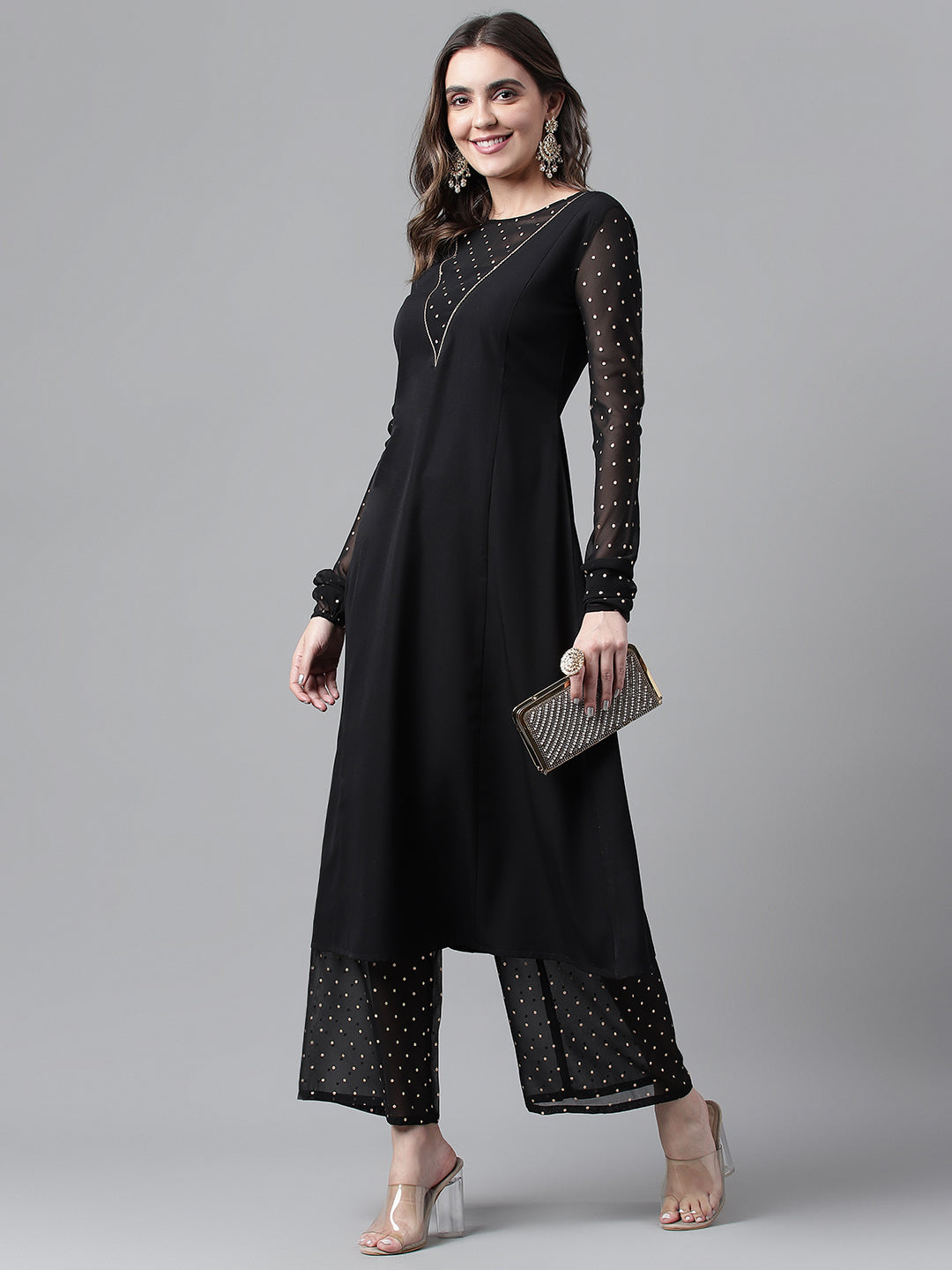 FIORRA Women's Black Poly Crepe A-line Kurta with Palazzo