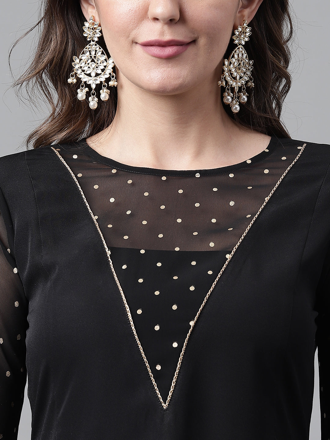 FIORRA Women's Black Poly Crepe A-line Kurta with Palazzo