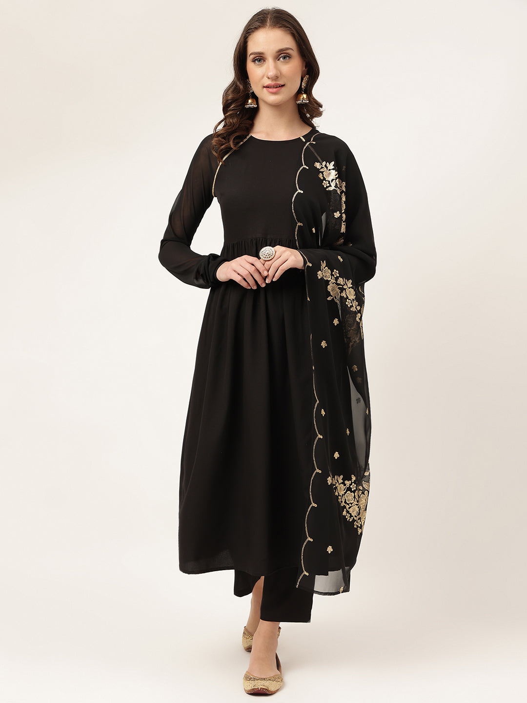 FIORRA Women's Black Poly Crepe A-line Kurta with Pant And Dupatta