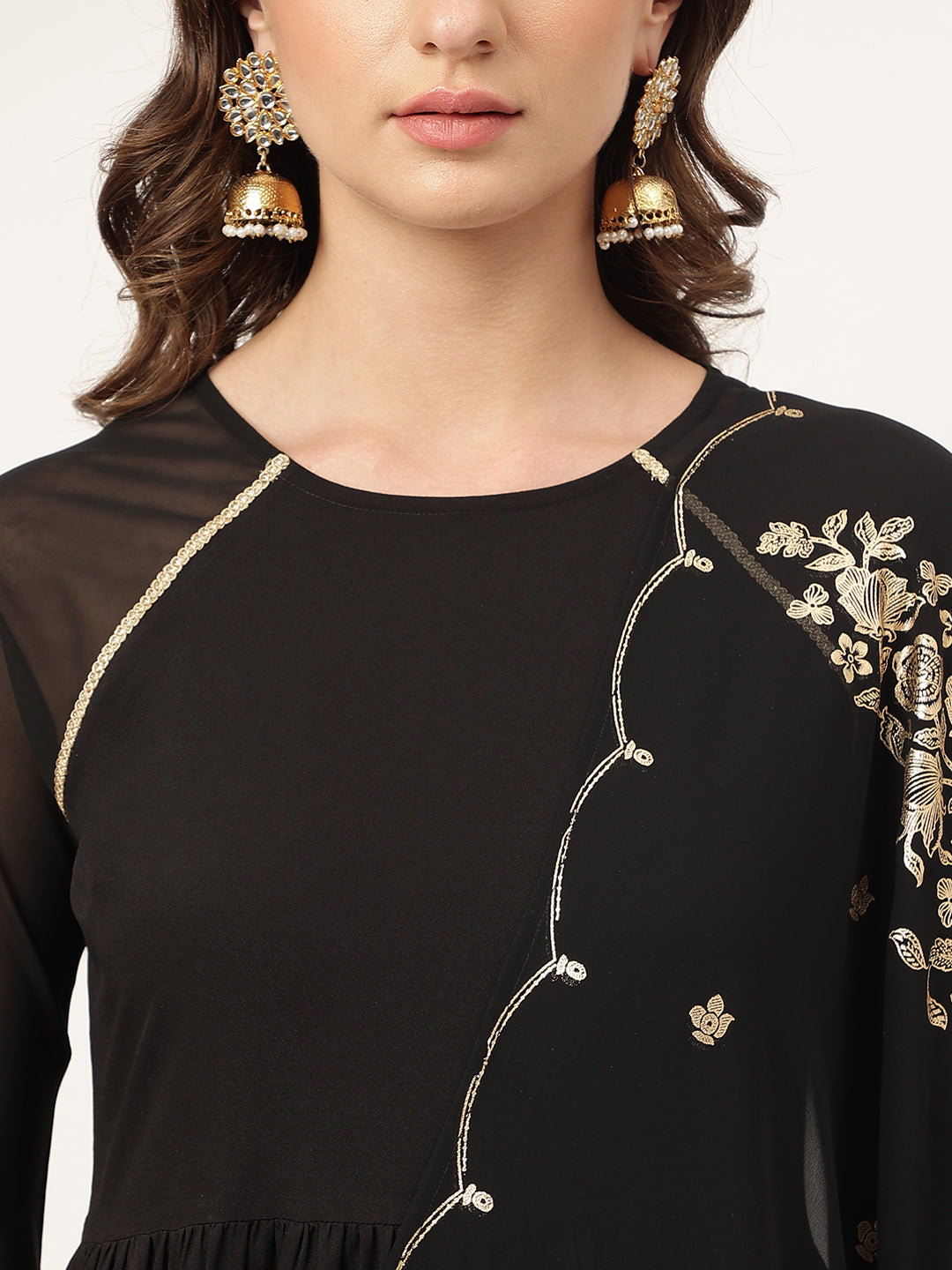 FIORRA Women's Black Poly Crepe A-line Kurta with Pant And Dupatta