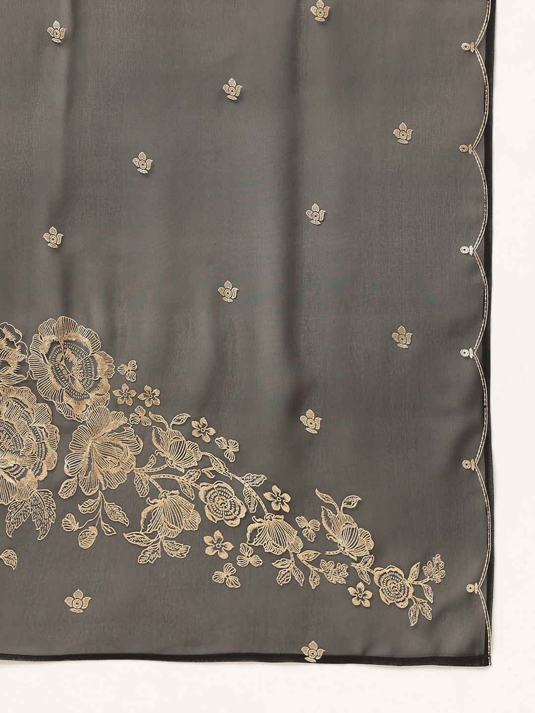 FIORRA Women's Black Poly Crepe A-line Kurta with Pant And Dupatta