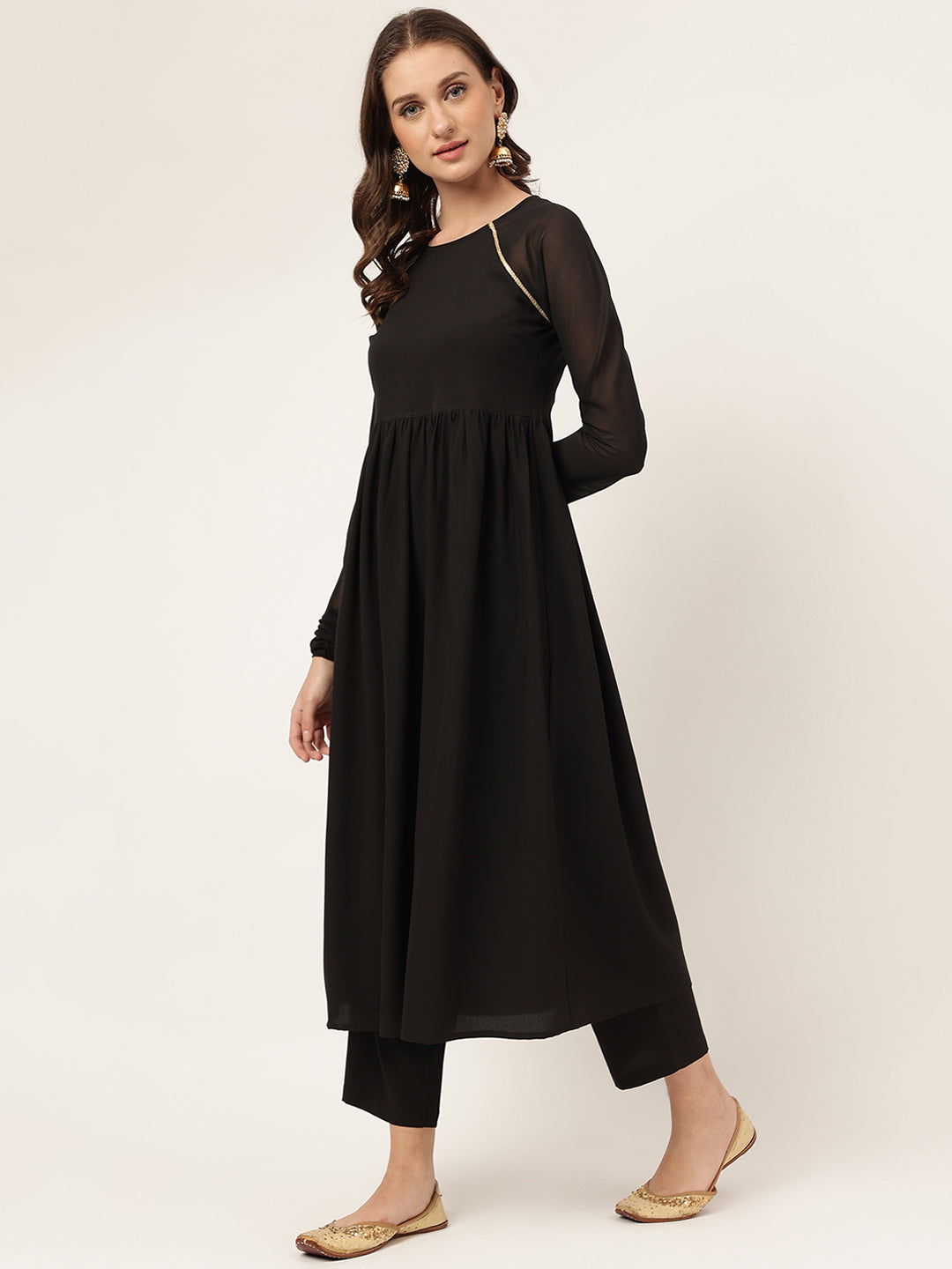 FIORRA Women's Black Poly Crepe A-line Kurta with Pant And Dupatta