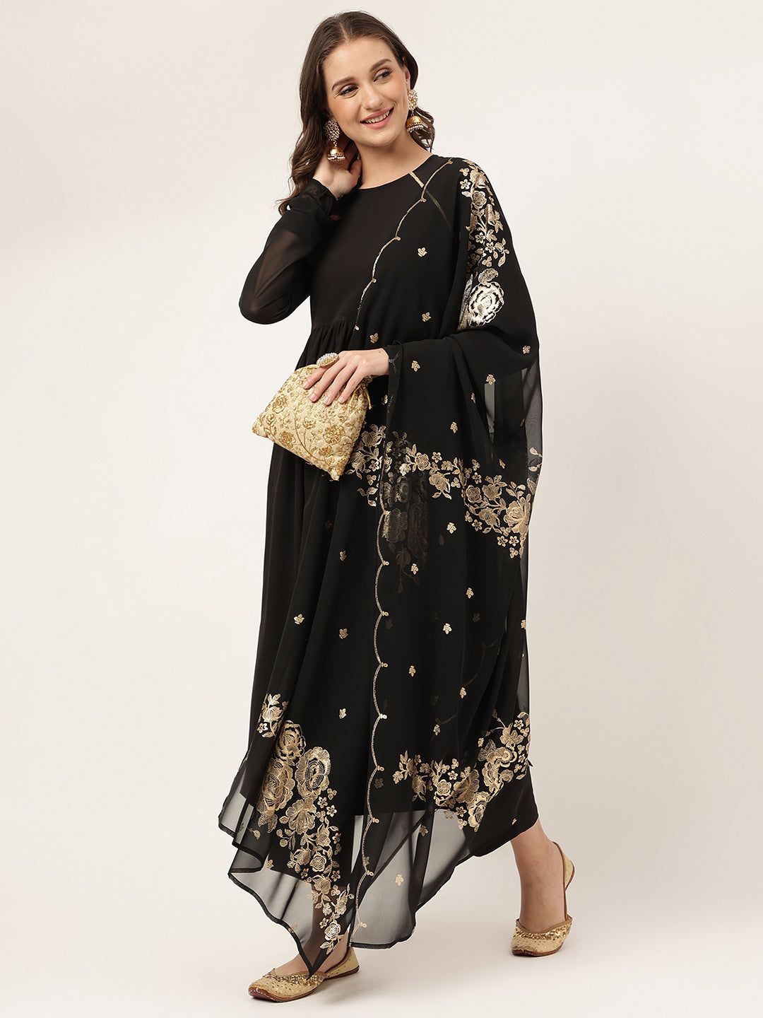 FIORRA Women's Black Poly Crepe A-line Kurta with Pant And Dupatta