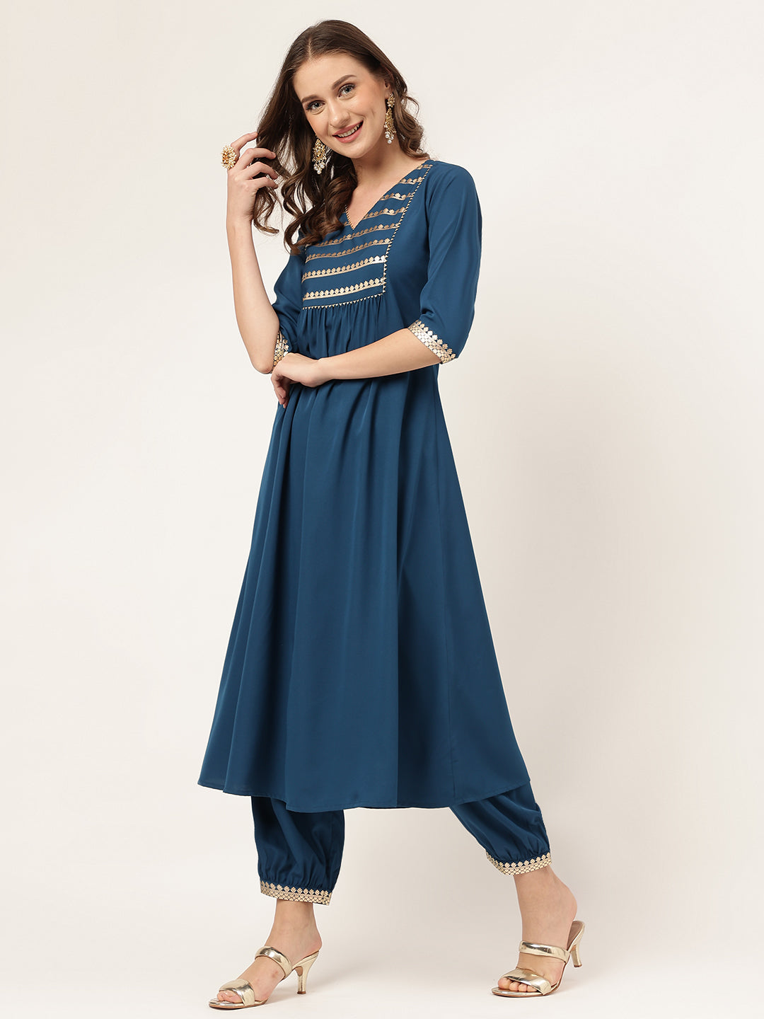 FIORRA Women's Teal Blue Poly Crepe A-line Kurta with Pant