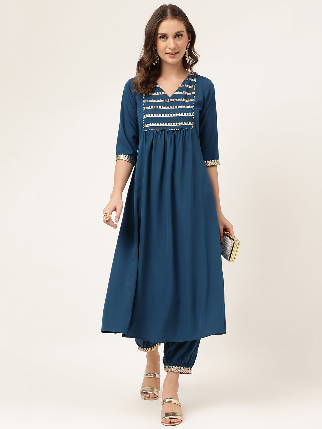 FIORRA Women's Teal Blue Poly Crepe A-line Kurta with Pant