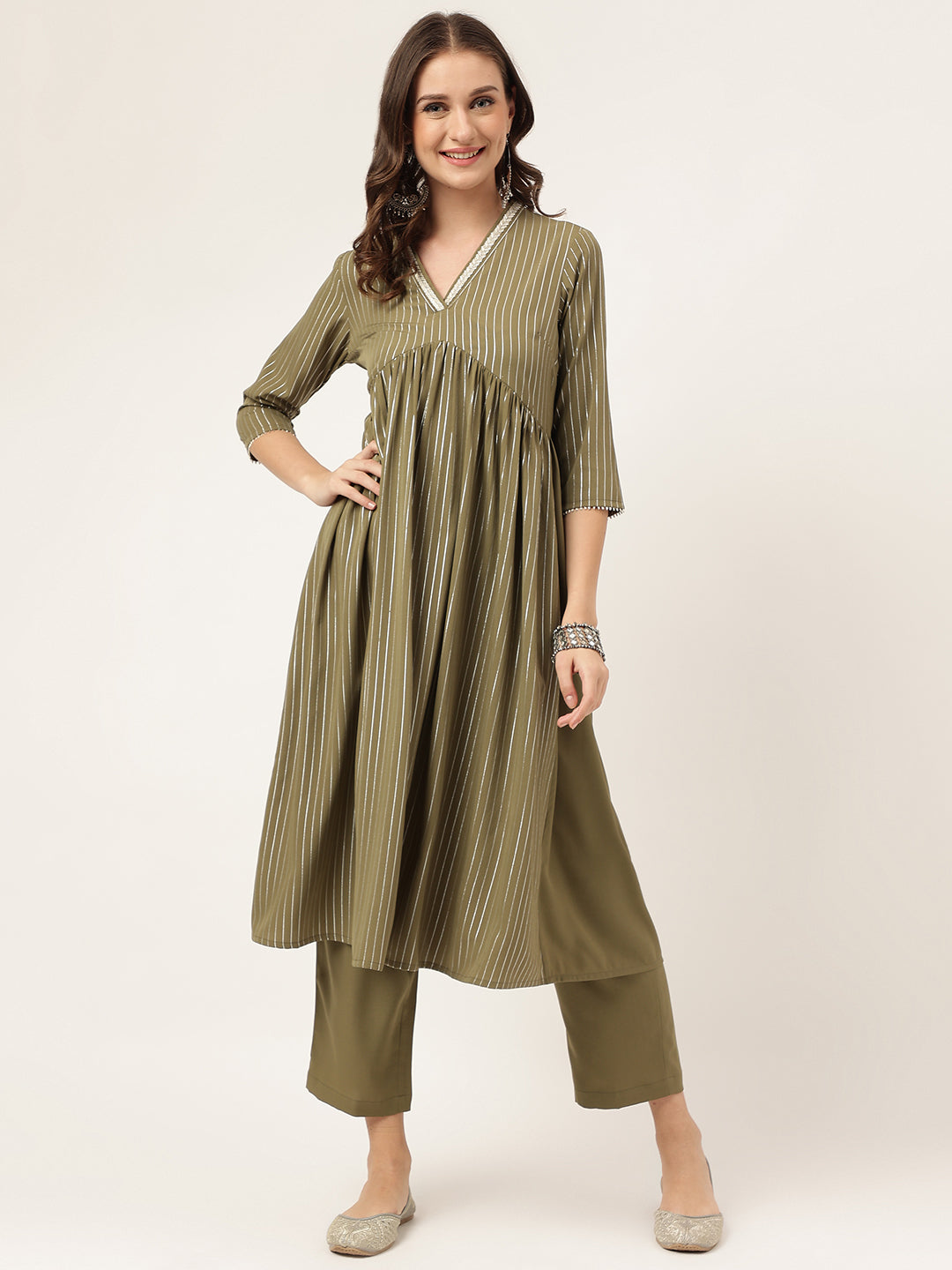 FIORRA Women's Olive Green Poly Crepe A-line Kurta with Pant
