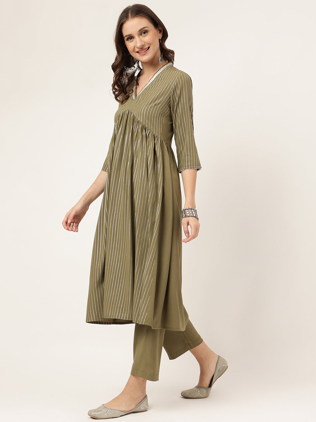 FIORRA Women's Olive Green Poly Crepe A-line Kurta with Pant