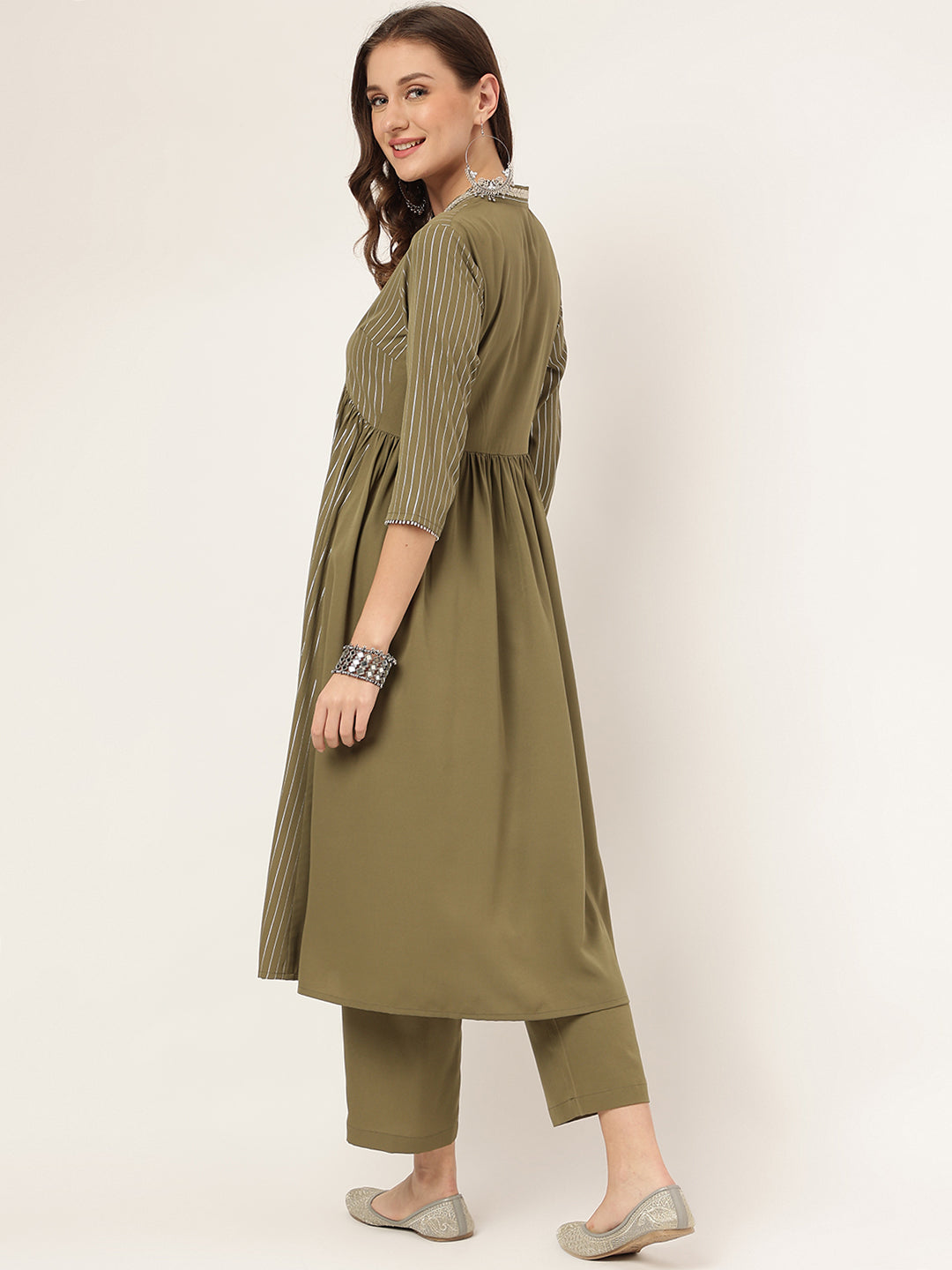 FIORRA Women's Olive Green Poly Crepe A-line Kurta with Pant
